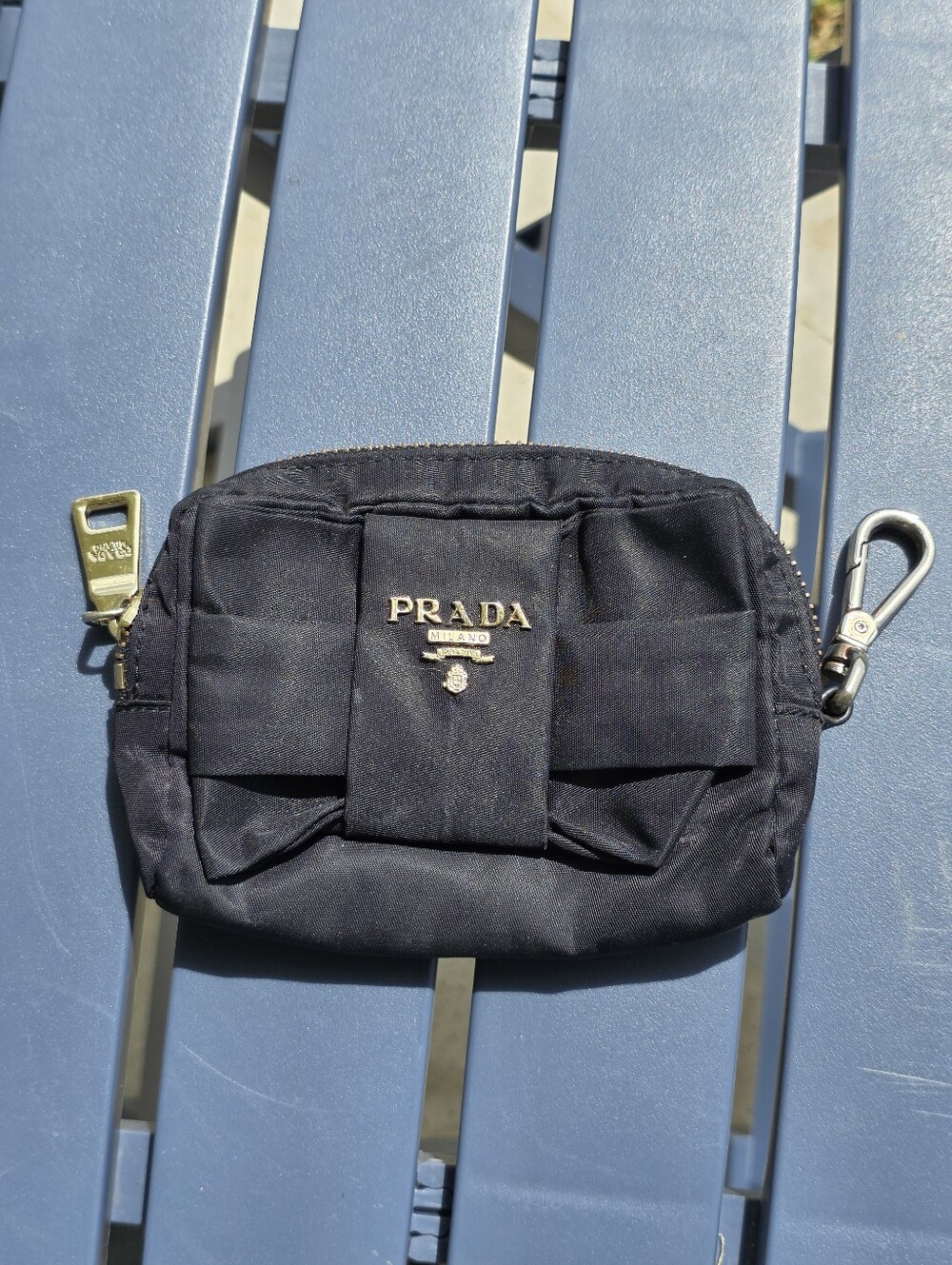 Prada Milano Black Nylon Bow Zip Pouch Coin Purse Wristlet Cosmetic Mini Bag - Picture 2 of 7